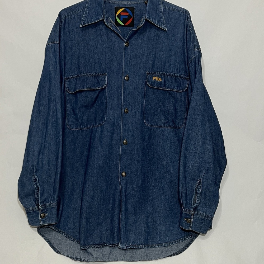 Vtg 90's Fila Blue Denim‎ Button Long Sleeve Shirt Men Large Spell Out Baggy Fit